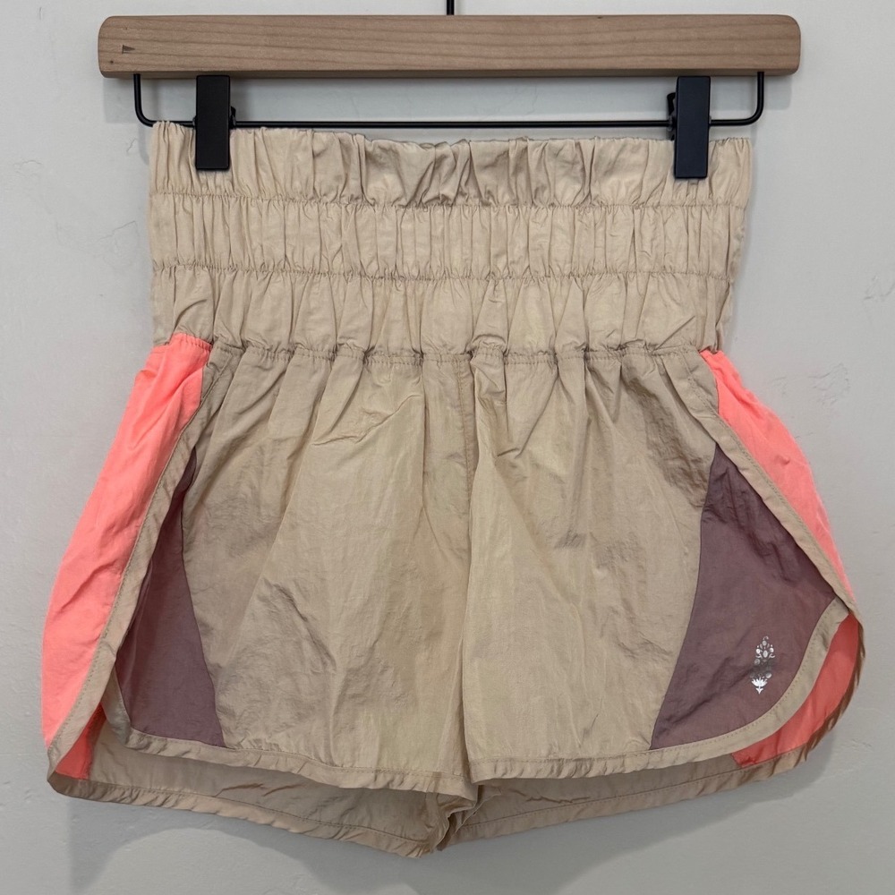 Free People Movement The Way Home Shorts Tan Neon Pink High Waist Activewear S